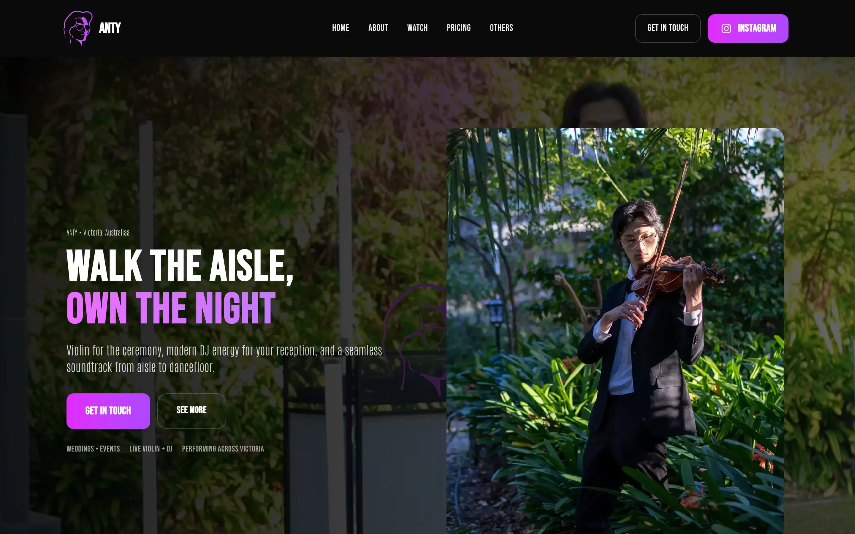 Anty Entertainment home page with the headline "Walk the aisle, own the night" beside a photo of Andy playing violin in a garden