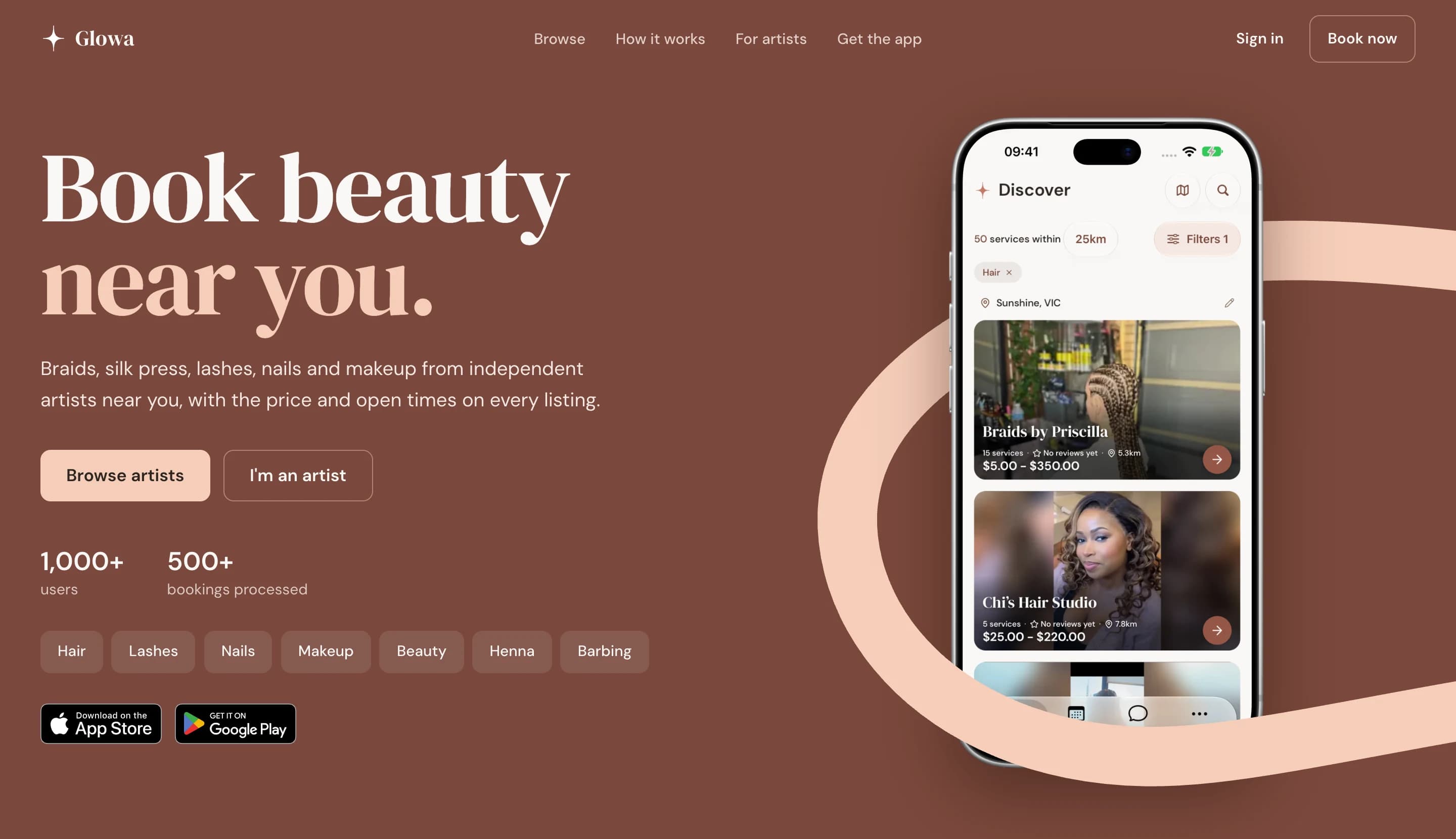 Glowa home page: "Book beauty near you" on a terracotta background beside the mobile app and a peach ribbon