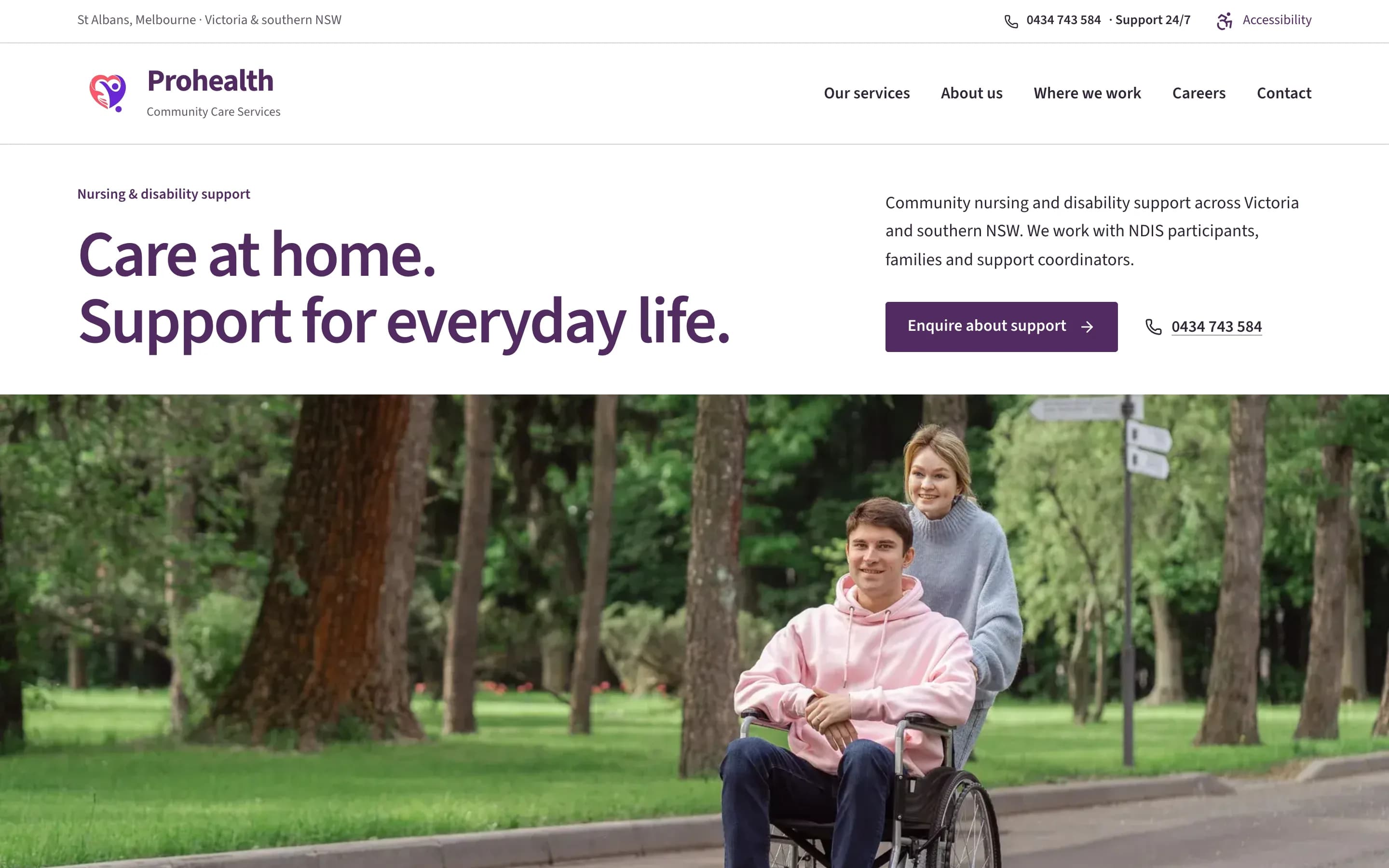 Prohealth home page with the headline "Care at home. Support for everyday life." above a photo of a carer and client in a park